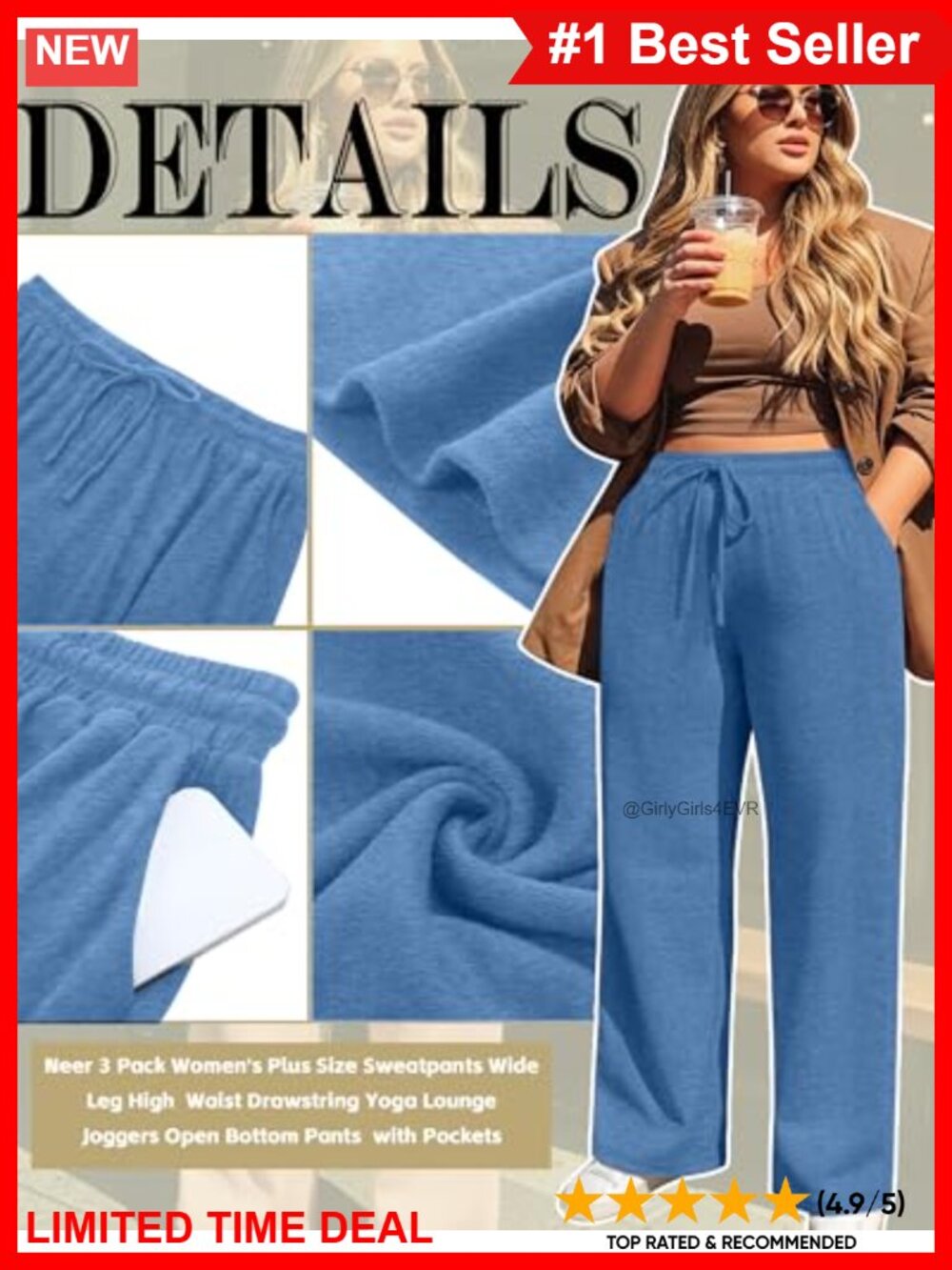 Plus Size Wide Leg Sweatpants High Waist Drawstring Pockets Palazzo Pants - Picture 4 of 6